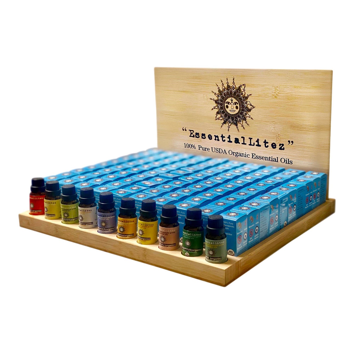 Himalayan CrystalLitez & EssentialLitez - USDA Organic Essential Oils (10ml) Pack with Wooden Display